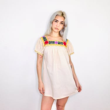 Mexican Mini Dress // vintage sun Mexican hand embroidered floral 70s boho hippie cotton hippy off white ivory // O/S 