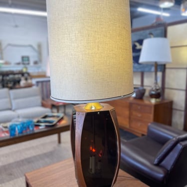 Mid Century Smoked Lucite & Teak Wood Table Lamp by Lawrin