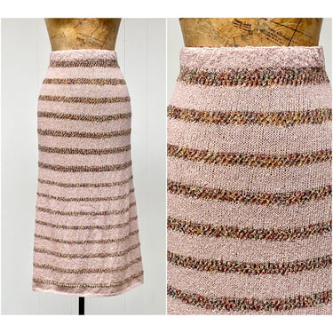 Vintage 1950s Boucle Hand-Knit Skirt, Striped Dusty Rose Pencil Skirt, Mid-Century Bombshell, Medium 32 Inch Waist 