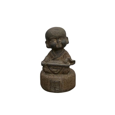 Oriental Gray Stone Little Lohon Monk Playing Zither Statue ws3628E 