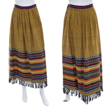 1970's Alycia Jeanne Wood Brown Embroidered Hippie Skirt Size S