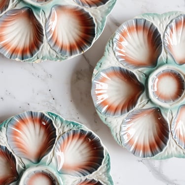 rare 1920s teal and coral Sarreguemines oyster plates, set of 3