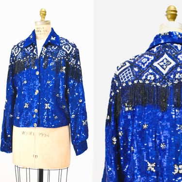 Vintage Sequin Jacket Blue White Size Medium Cowboy Bandana Pattern// Blue Sequin jacket USA America Jacket Modi Small Medium Beaded Fringe 