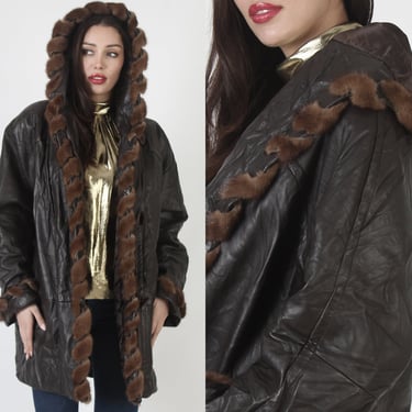 Marvin Richards Mahogany Mink Jacket, Vintage Mens Brown Leather Coat, Hooded Bomber Warm Overcoat M 