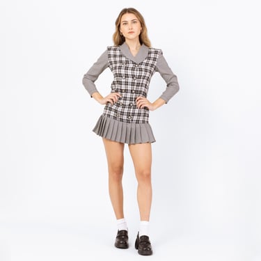 Vintage 90s Black & White Plaid Schoolgirl Mini Dress - Petite XXS | Preppy Long Sleeve Drop Waist Scooter Micro Mini Dress 