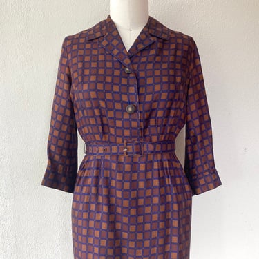 1950s Blue and brown printed day dress 