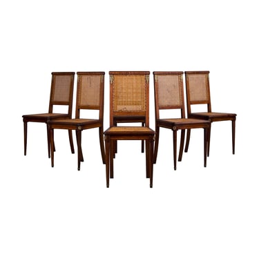 Antique French Louis XVI Style Walnut Inlay Cane Dining Chairs - Set of 6 