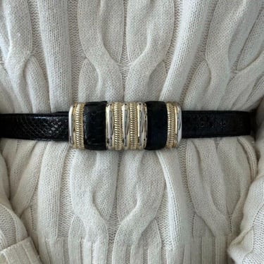 Vintage 1980s Womens Black Snakeskin Leather Retro Hippie Skinny Waist Belt Sz M 