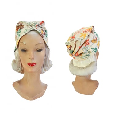 1930s Orange Yellow & Green Floral Print Linen Turban - 1930s Linen Turban - 1930s Linen Slouch Hat - 1930s Fall Hat - 1930s Autumn Hat 