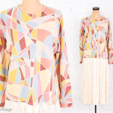 1980s Pastel Geometric Cashmere Sweater | 80s Colorful Stained Glass Sweater | Daniel Bishop | Medium 