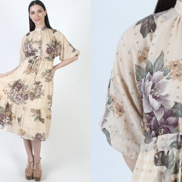 Garden Floral Print Dress, Oversized Batwing Sleeves, Button Up Front, Loose Fitting Summer Midi 