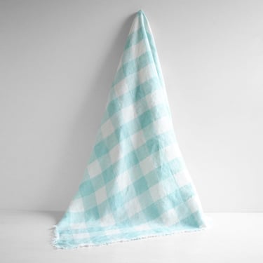 Vintage Small Blue and White Linen Gingham Tablecloth 35" x 35" 