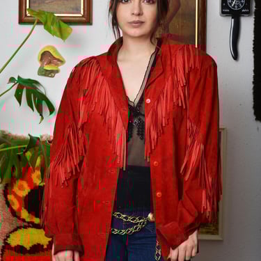 Vintage 80s Red Suede Fringe Jacket – Bold Western Rock Glam 