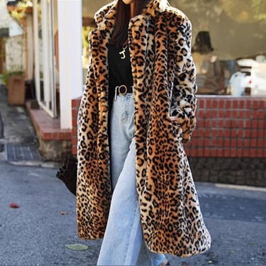 Rosa Clothing Leopard Pattern Faux Fur Long Coat - Leopard on Garmentory