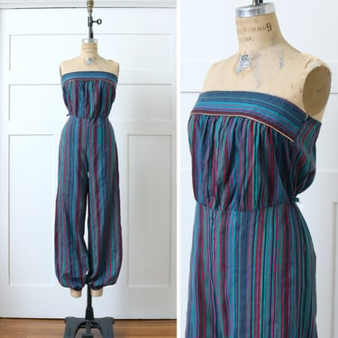 vintage 1970s 80s striped jumpsuit • bohemian harem pants sleeveless one-piece outfit 