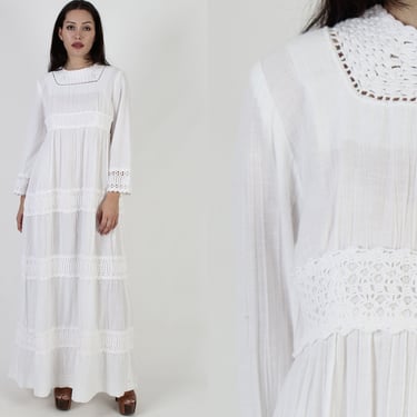 White Cotton Gauze Dress / Vintage 80s Plain Crochet Beach Dress / Sheer Crochet Lace Tiered Mexican Maxi 