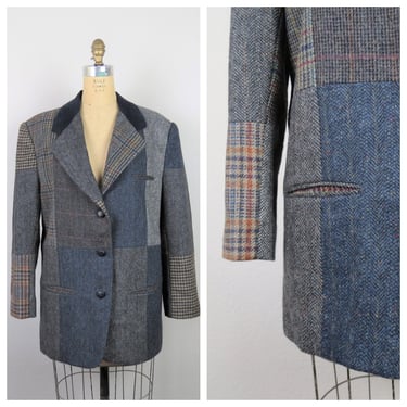 Vintage 1980s wool tweed patchwork blazer, jacket, boyfriend, oversized, dark academia, size medium, large 