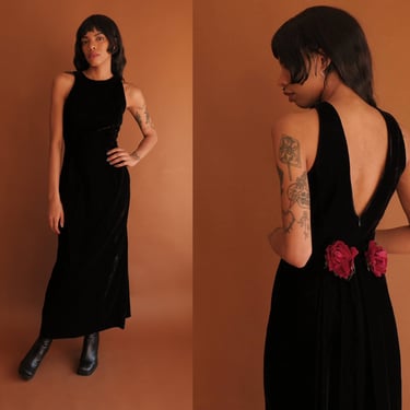 Vintage 80s Backless Velvet Rosette Dress/ 1980s McClintock Long Black Dress/ Size Medium 