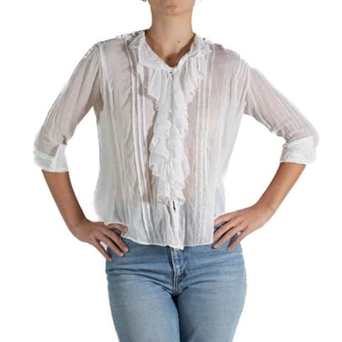 1900S White Organic Cotton Ruffled Blouse With Cute Patches And Floral Embroidery 