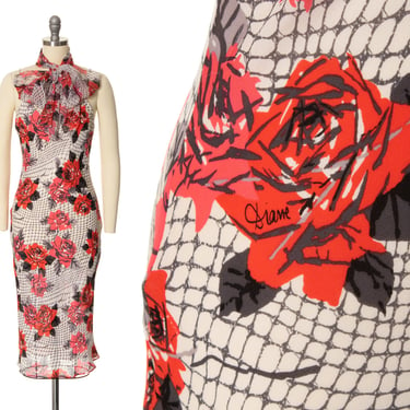 Vintage 2000s Dress Set | Y2K DIANE von FURSTENBERG Silk Rose Floral Print Bias Cut Sheer Slip Dress with Matching Scarf (x-small/small) 
