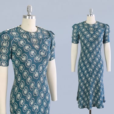 RESERVED --1930s Dress / Late 30s Sportswear Knit Seashell Print / Breast Pocket / Chevron 