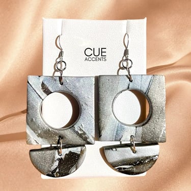 Abstract Polymer Clay Earrings, Gift for Her, Statement Earrings, Hollow Earrings, Square Circle Semicircle, Graphite Pearl, Shimmer Earring 