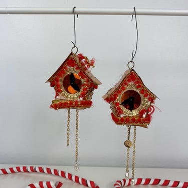 Vintage Bead & Sequin Push Pin Ornate Cuckoo Clock Ornament set of 2, Christmas Ornament, Gold Red Pushpin Ornaments, Hand pinned ornaments 