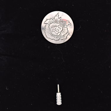 80's Kirk sterling 26-8 poppy flower collar stick pin, etched 925 silver floral hat lapel pin 