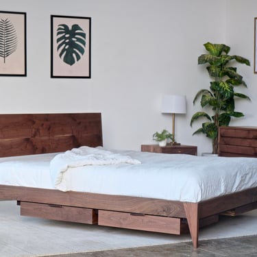 Wood Platform Storage Bed | Walnut Bed |  Platform Bed with Storage | Mid Century Modern Wooden Bedframe | Mid Century Bed | Eames Style Bed 