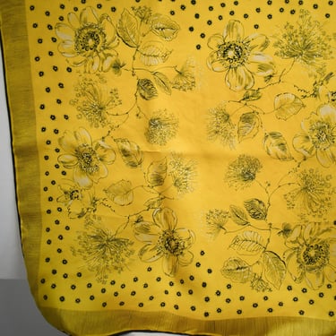 1950s Yellow and Black Floral Silk Scarf 