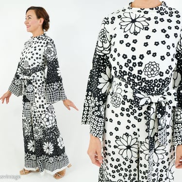 1970s Black & White Floral Print Jumpsuit | 70s Black White  Jumpsuit | Alex Coleman | Medium 
