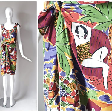 vtg 80s *Rare* Giuseppe abstract pinup print sarong dress | colorful 1980s | size 8 | summer spring luau sleeveless tropical fruit tiki 