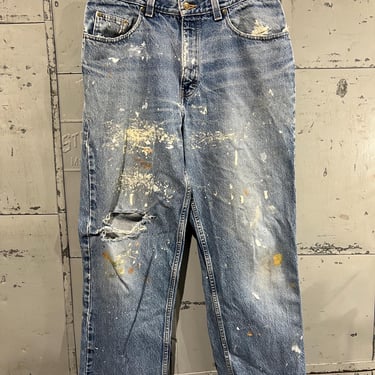 34x30 90s light wash denim jeans Distressed baggy painter Eddie Bauer brand Paint Splatter 