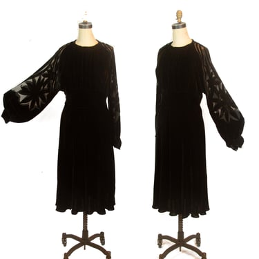 1930s Dress ~ Black Velvet Bishop Sleeve Devoré Burnout Velvet Art Deco Dress 