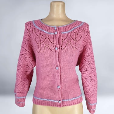 VINTAGE 60s Hand Knit Pink and Lavender Cardigan Sweater M/L | 1960s Hand Made Knit Sweater | VFG 