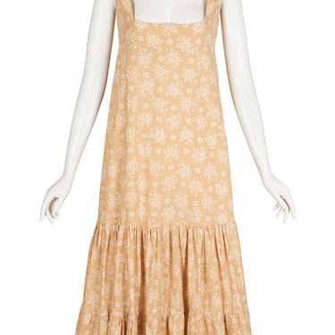 Laura Ashley 1970s Floral Print Beige Cotton Tiered Vintage Maxi Dress Sz M 