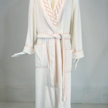 PRATESI Treccia White Soft Thick 100% Cotton Terry Robe Peach Pink Embroidery S