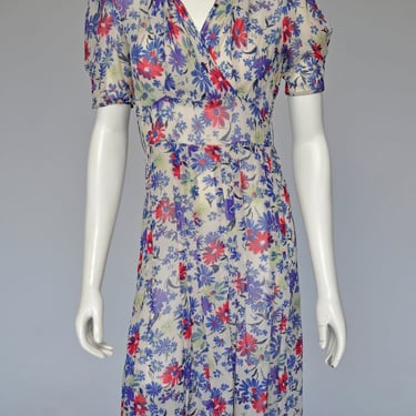 vintage 1960s colorful silk floral dress w/ puffed sleeves XS/S 