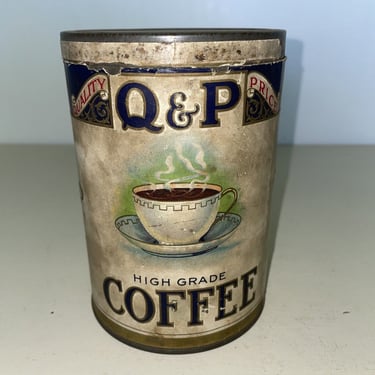 Q & P Coffee Paper Label Tin, Quality and Price Service Stores Providence R.I. vintage advertisement tin, collectible tins, coffee can 
