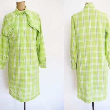 Vintage 60s Tie Bow Neck Shift Dress XS S - 1960s Mod Twiggy Lime Green Plaid Long Sleeve Sheath Dress 