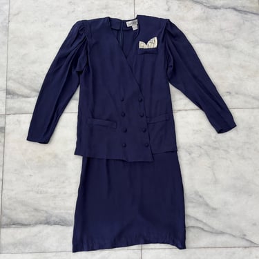 Vintage Argenti Dress Blue Silk Satin Long Sleeve Knee Jacket Womens 8 Formal MOB 