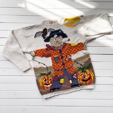 Halloween sweater 90s vintage Crystal Kobe scarecrow pumpkin farm hand knit sweater 