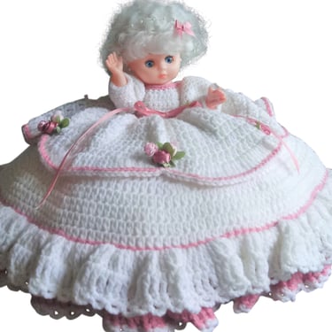 VINTAGE Crochet Bed Doll, Pink, Bedroom Decor 