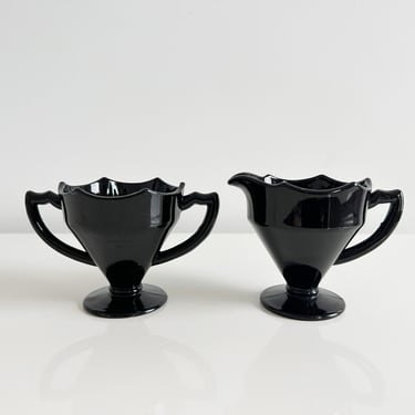 Black Onyx Depression Glass Scalloped Octagon Edge Open Sugar and Creamer Depression Era Vintage USA 1930s 