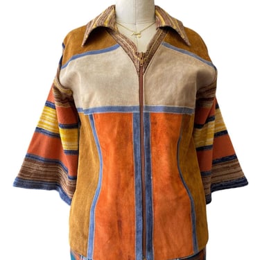 vintage 1970s striped suede and knit jacket, zip front patchwork sweater, medium large, hippie bohemian, 38 bust 