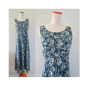 Vintage 90s Blue Floral Dress - 1990s Casual Lace Up Back Sleeveless Rayon Sundress - Size Medium 