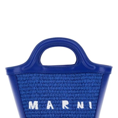 Marni Woman Electric Blue Leather And Straw Micro Tropicalia Summer Handbag