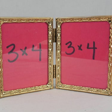 Vintage Hinged Double Picture Frame - Gold Tone Metal w/ Glass - Nice Edge and Corner Design - 3