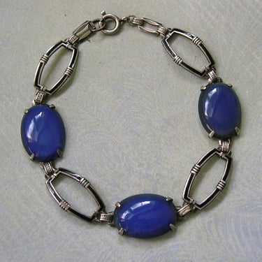 Antique Art Deco Sterling Enamel and Blue Chalcedony Bracelet, Vintage Sterling Art Deco Bracelet, Old Sterling Enamel Bracelet (#4398) 