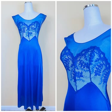 1970s Vintage Electric Blue Sheer Bodice Nightgown / 70s Nylon Faux Bustier Floral Embroidered Slip / XS 